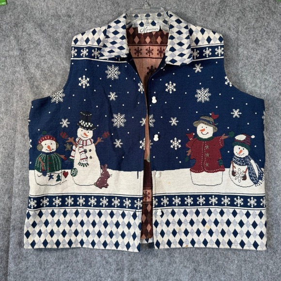 Vtg Ugly Christmas Sweater Vest Tapestry Womens Size 22/24 Plus Snowman - Picture 1 of 11
